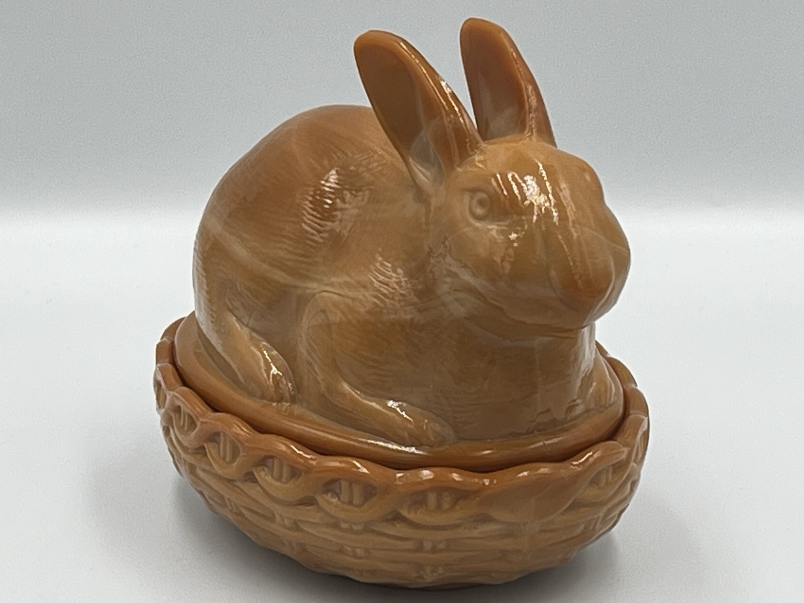 RARE LARGE LE Smith 2 pc. Chocolate caramel slag bunny/rabbit On Nest Candy dish