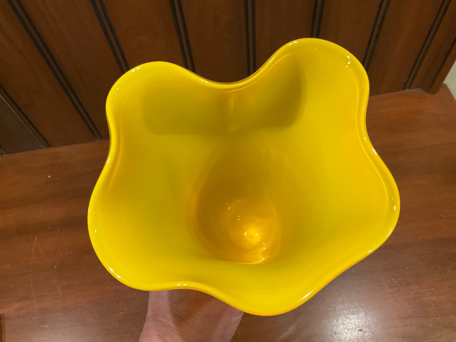Vintage Handkerchief Ribbon Vase Canary Yellow Hand Blown Glass 10.5” Tall