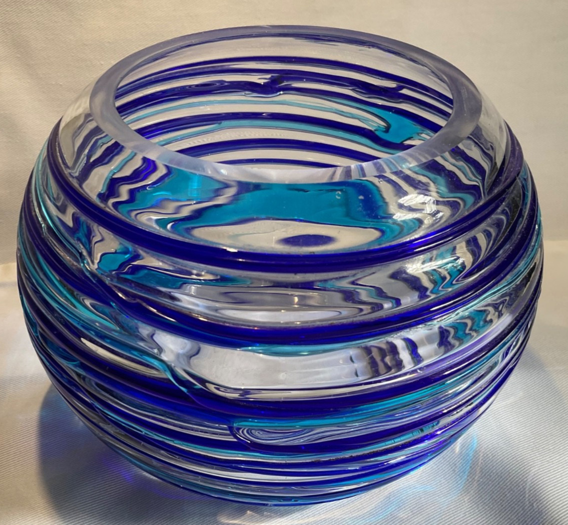 Art Glass Vase Hand Blown Clear Round Blue/Teal Swirls 6” Wedding New Home Gifts