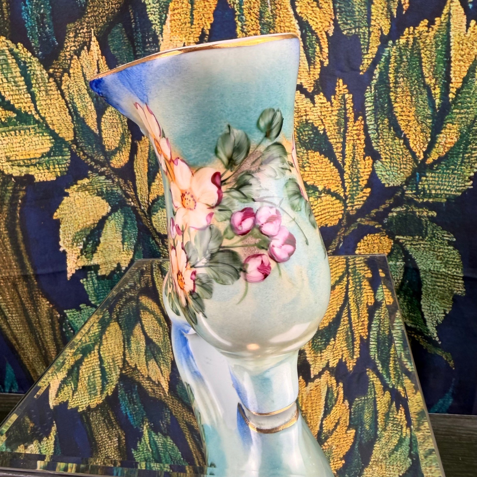 Vintage Hand Painted Porcelain Floral Victorian Boot Figurine Blue Gold Gilt