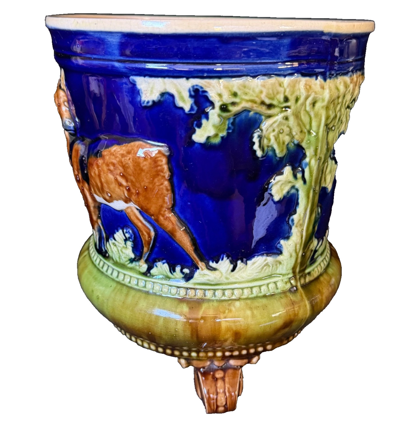ENGLISH MAJOLICA DEER & TREES JARDINIERE Thomas Forester c1880 (Prof. Restored)