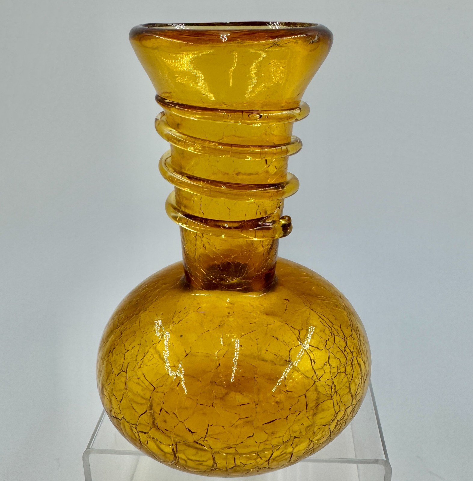 Vintage Crackle Glass Vase Spiral Trim, 6.25” Soft Amber Handblown Artisanal MCM