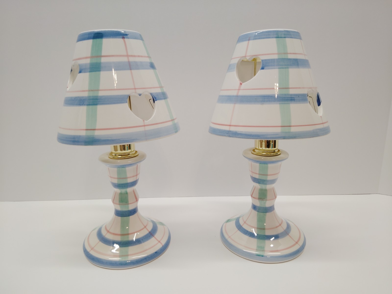 Vintage Plaid Taper Ceramic Candlestick Holders w/ Shades 9”- Set of 2