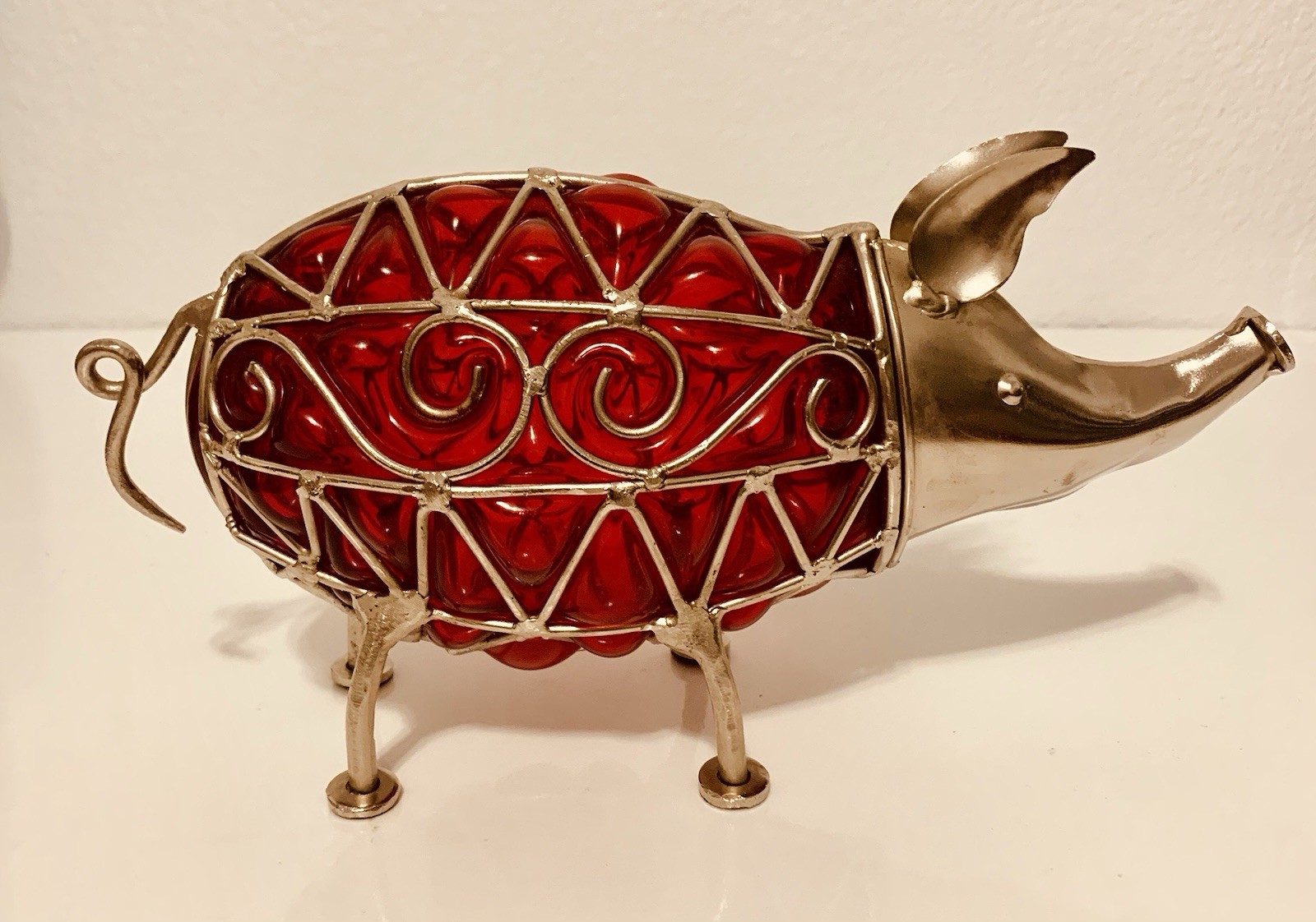 Handblown Red Glass Body Encased In Metal Caged Pig Figurine Sun Catcher Decor