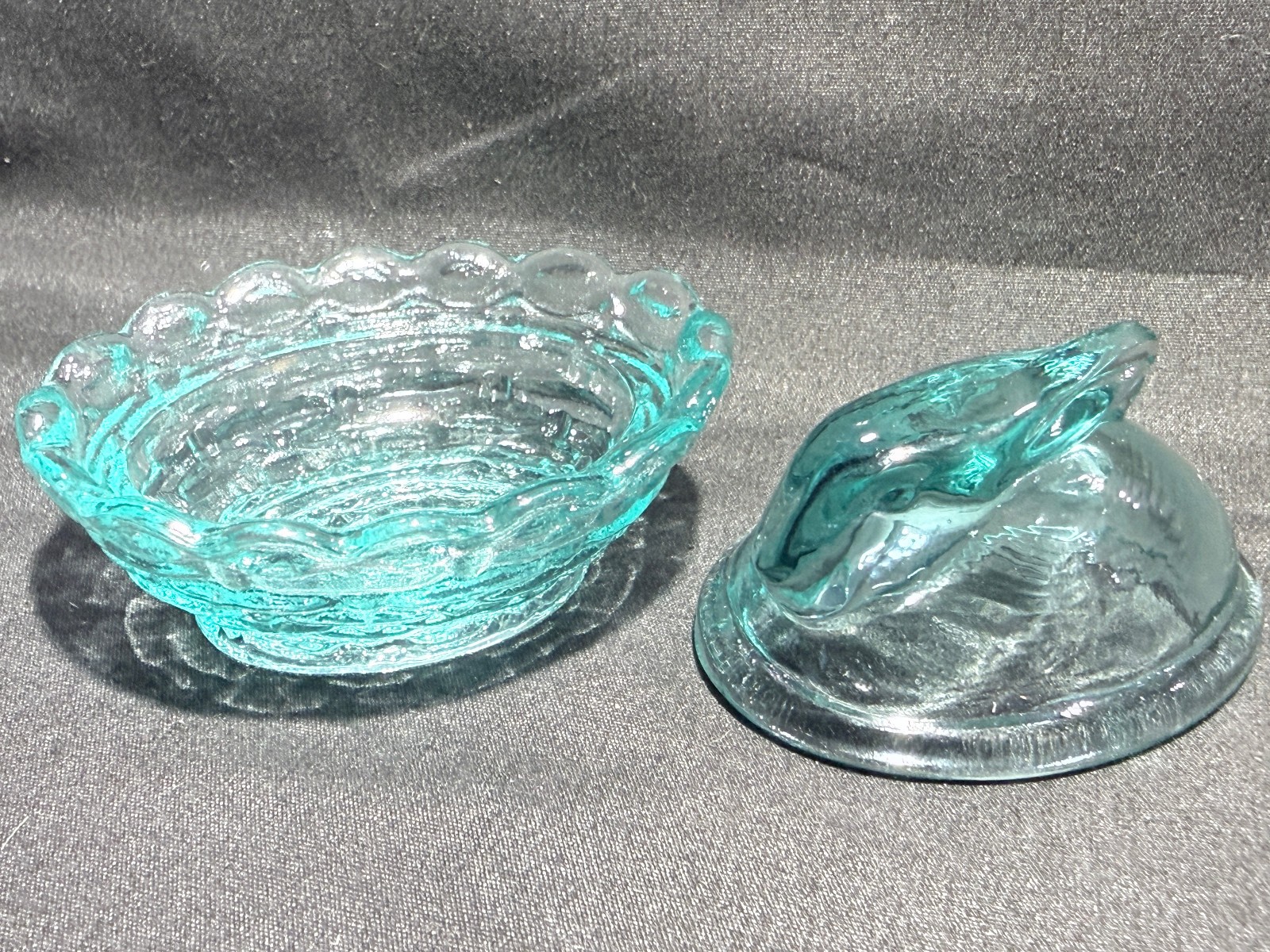 Teal green Vaseline Uranium glass Bunny rabbit on nest basket Easter salt cellar