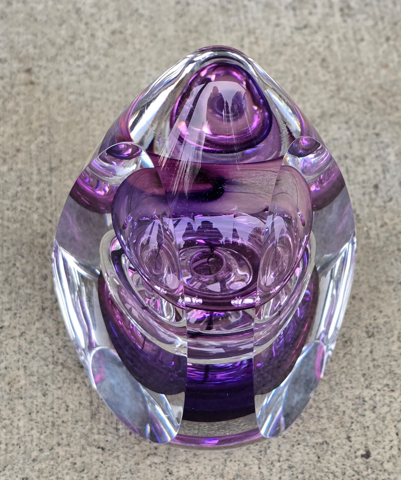 Large 6” Clear Purple Amethyst 3 Side Faceted Glass Signed Paperweight