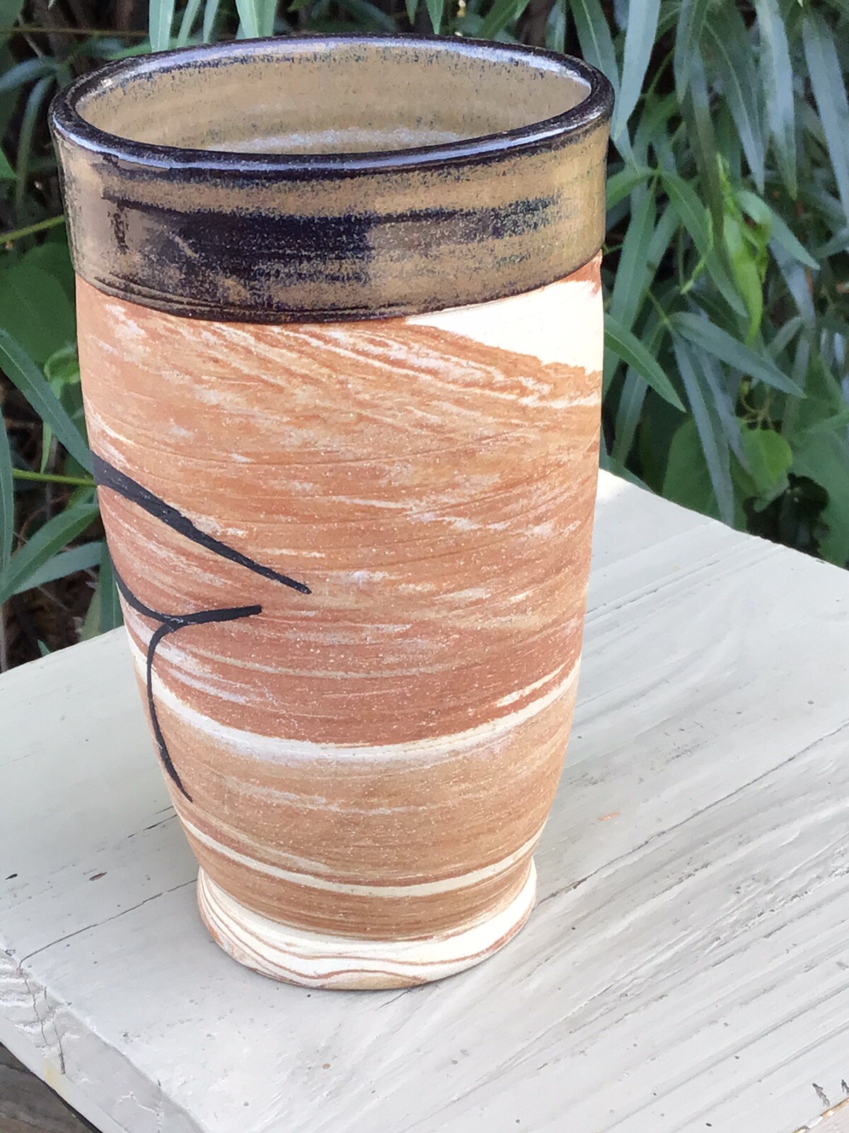 Vintage Vase Handmade Art Pottery Brown/Cream Swirl Pattern Signed 5.75”H