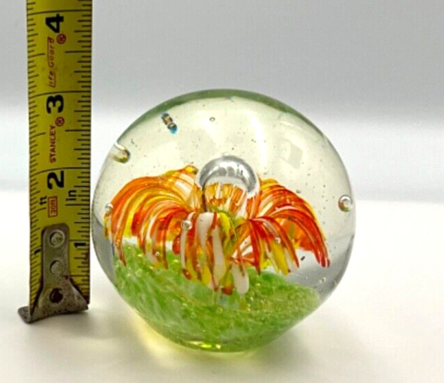 Glass Blown Art Glass Orange and Yellow Abstract Blooming Flower Paperweight