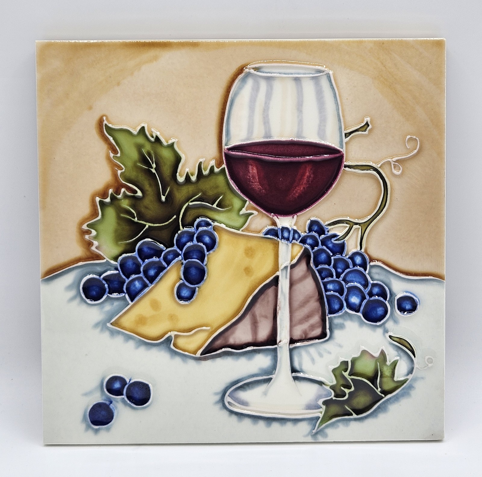 En Vogue Art on Tiles 8″x8″ Wine Glass/Cheese/Grapes Display/Ceramic Tile/Trivet