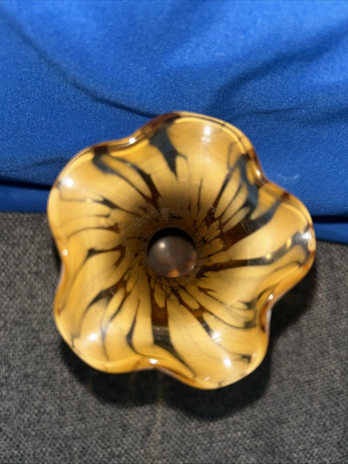 Vintage Splatter Art Glass Amber White Bud Vase Applied Ribbon Hand Blown 5.5”