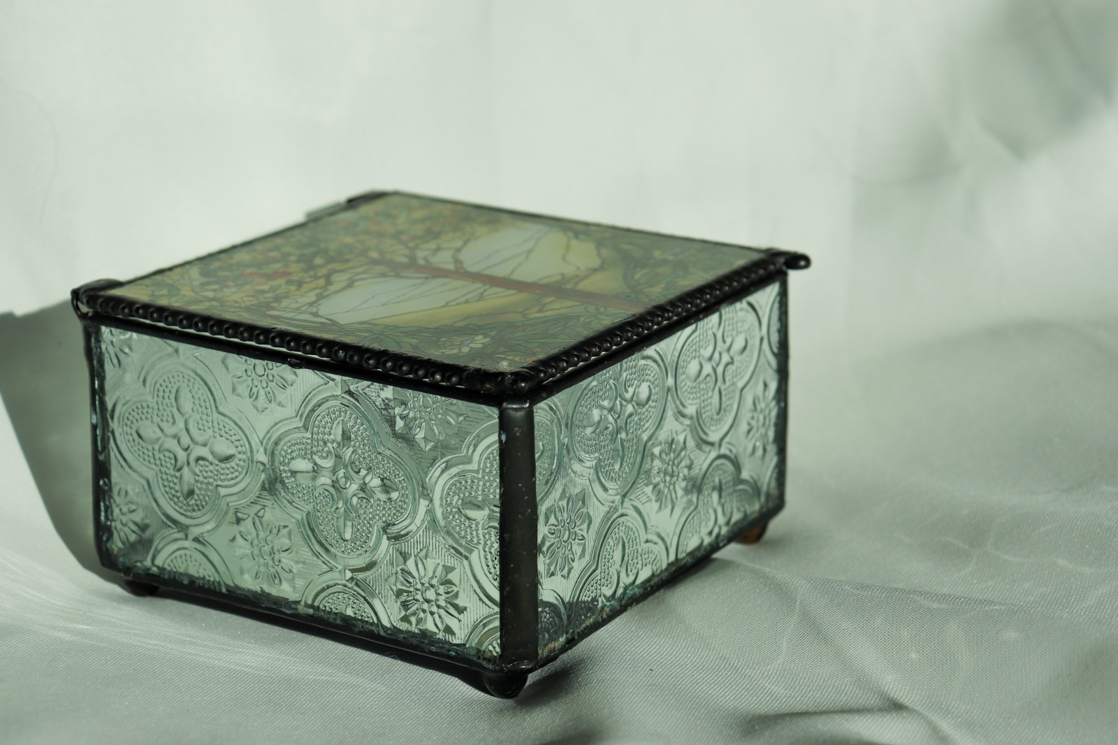 Tiffany Style Tree Of Life Stained Glass Art Jewelry Trinket Box Mirrored Bottom