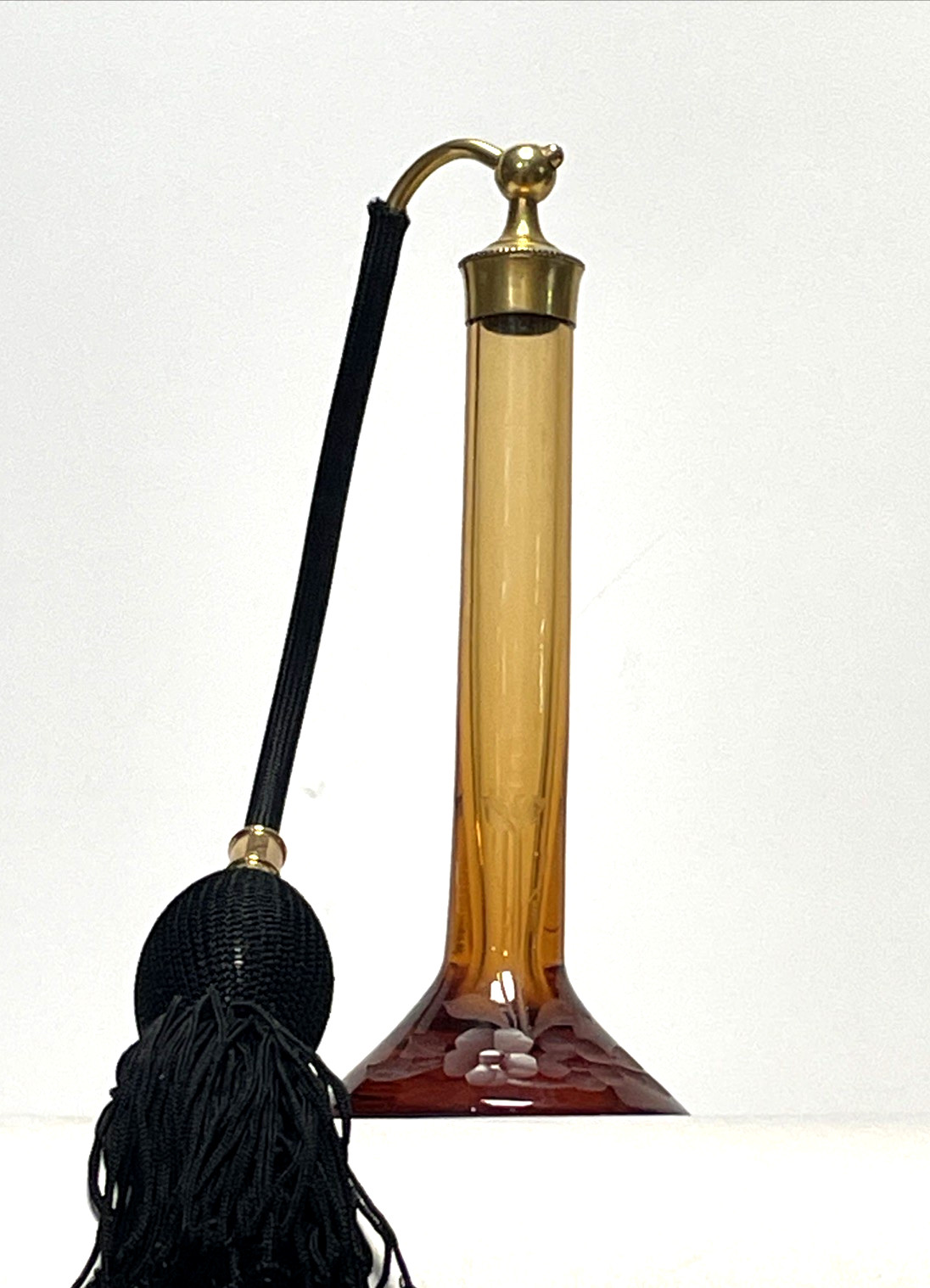 Antique DeVilbiss Steuben Amber Topaz Wheel Cut Perfume Atomizer Bottle 7″ 1920s