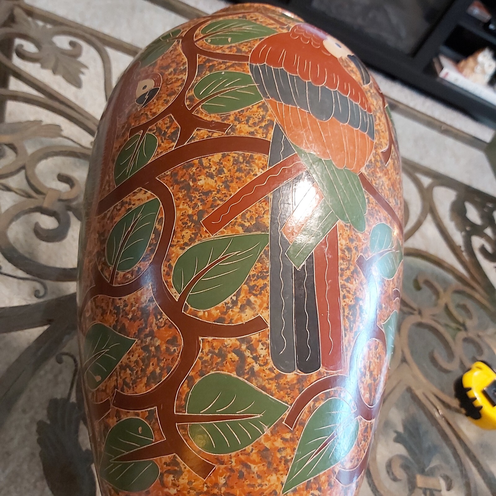 Vintage Handmade Clay Vase Decorated with Parrots And Trees READ
