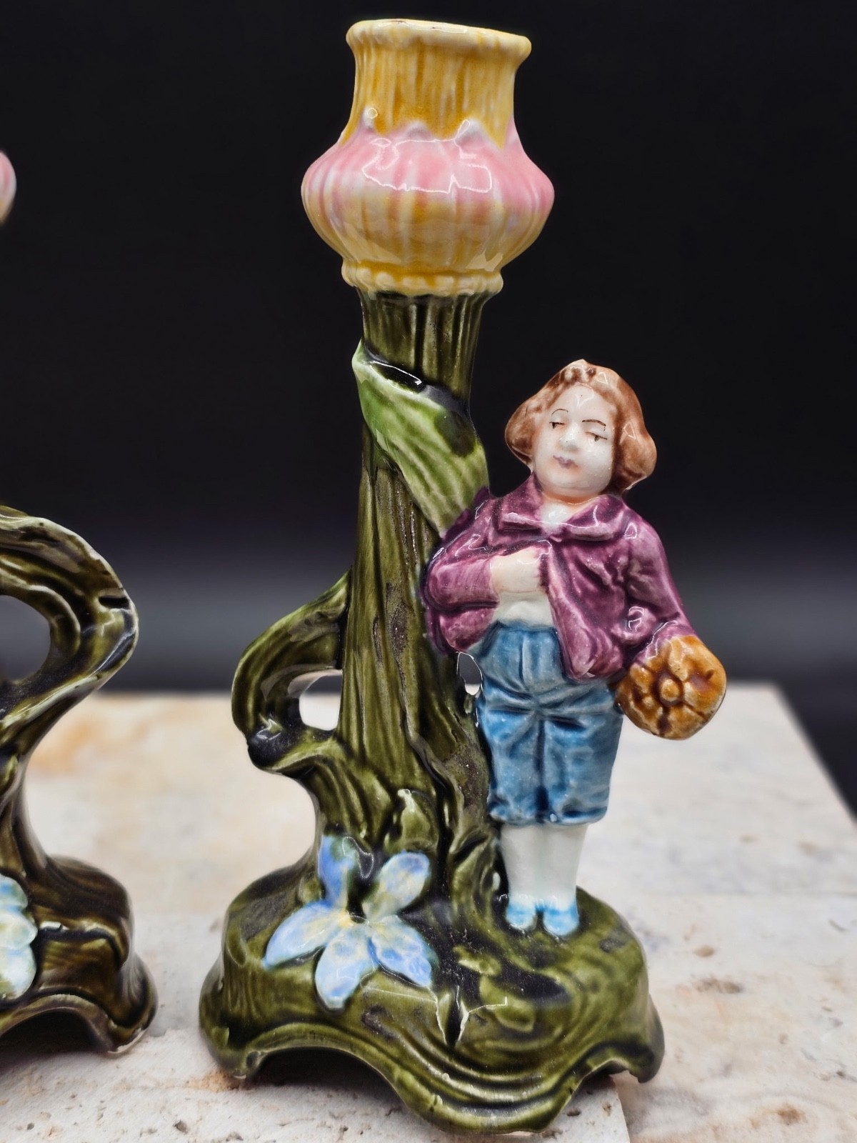 Antique FRENCH MAJOLICA CANDLE STICKS Holders (Pair -set of 2) Gorgeous 6.75″