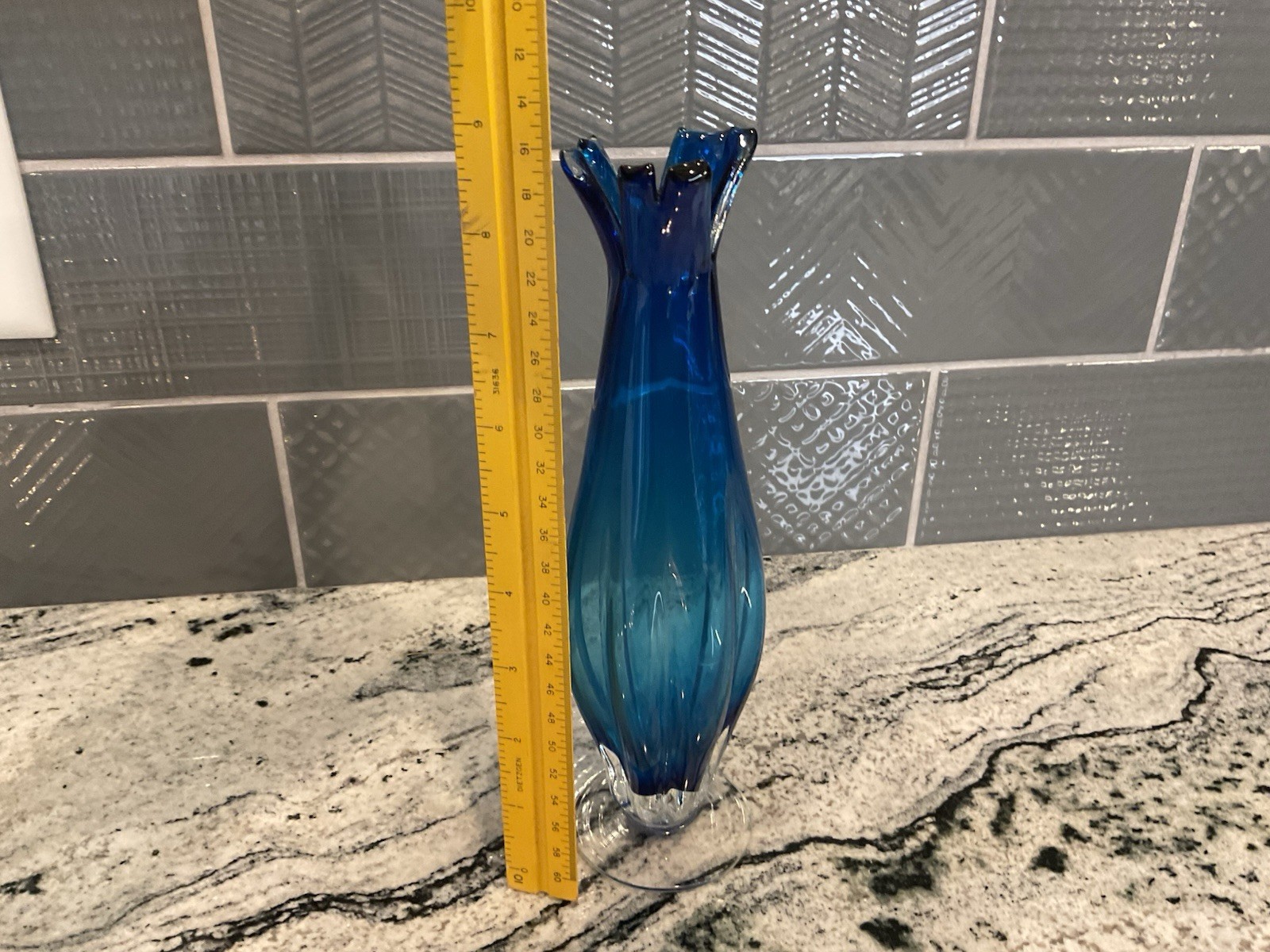 Vintage Lefton Glass Blue Swung Vase Clipped Top 9.25 In