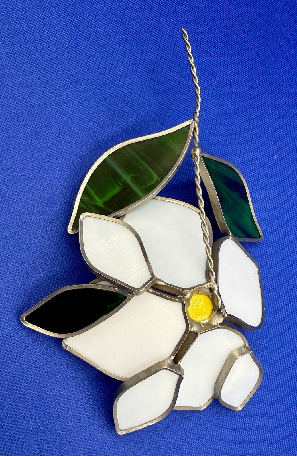 Vintage Stained Glass White & Green Flower Sun Catcher Layered Freestanding 9”