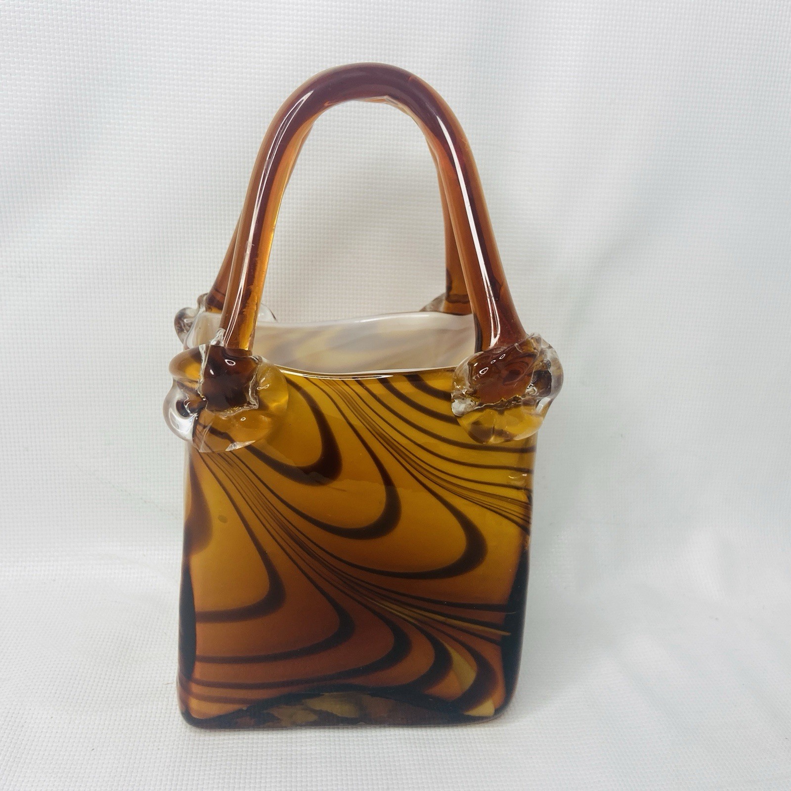 Vintage Murano Style Amber Brown Safari Tiger Strip Art Glass Decor Vase Purse