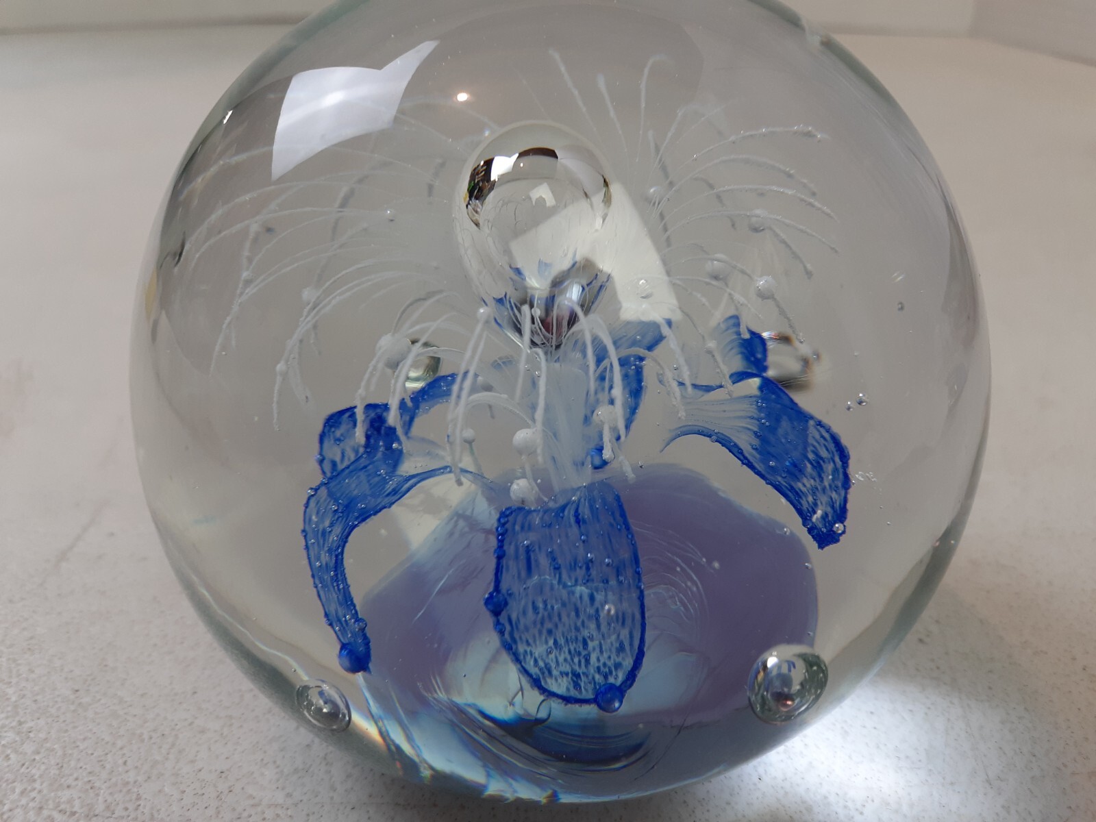 Vintage Art Glass Hand Blown Paperweight Blue & White Flower Controlled Bubbles