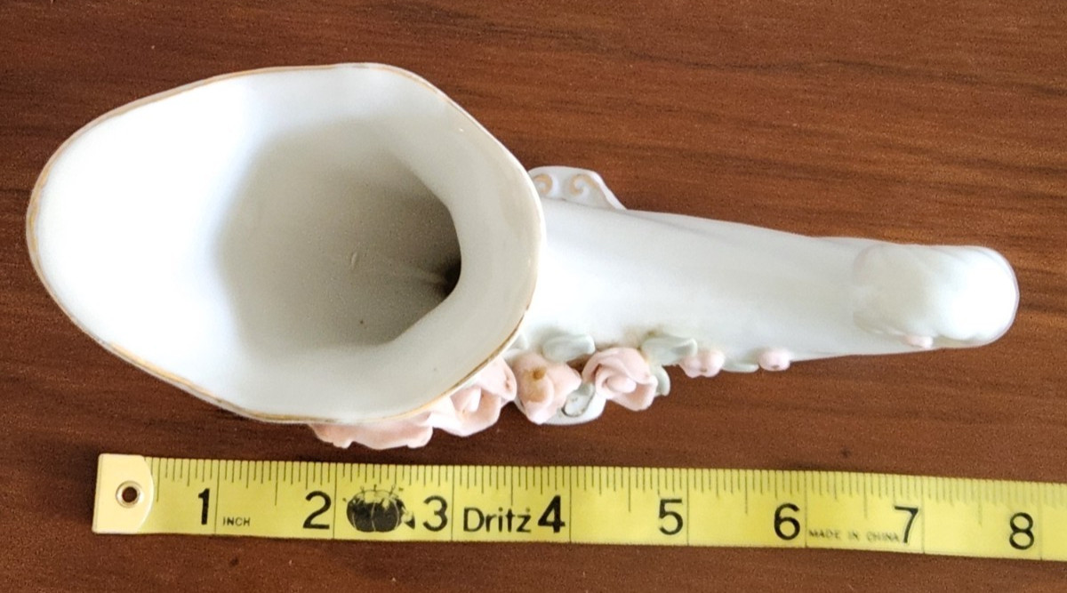 Vintage White Pink Cornucopia vase with 3D Capidimonte -type Roses Flowers