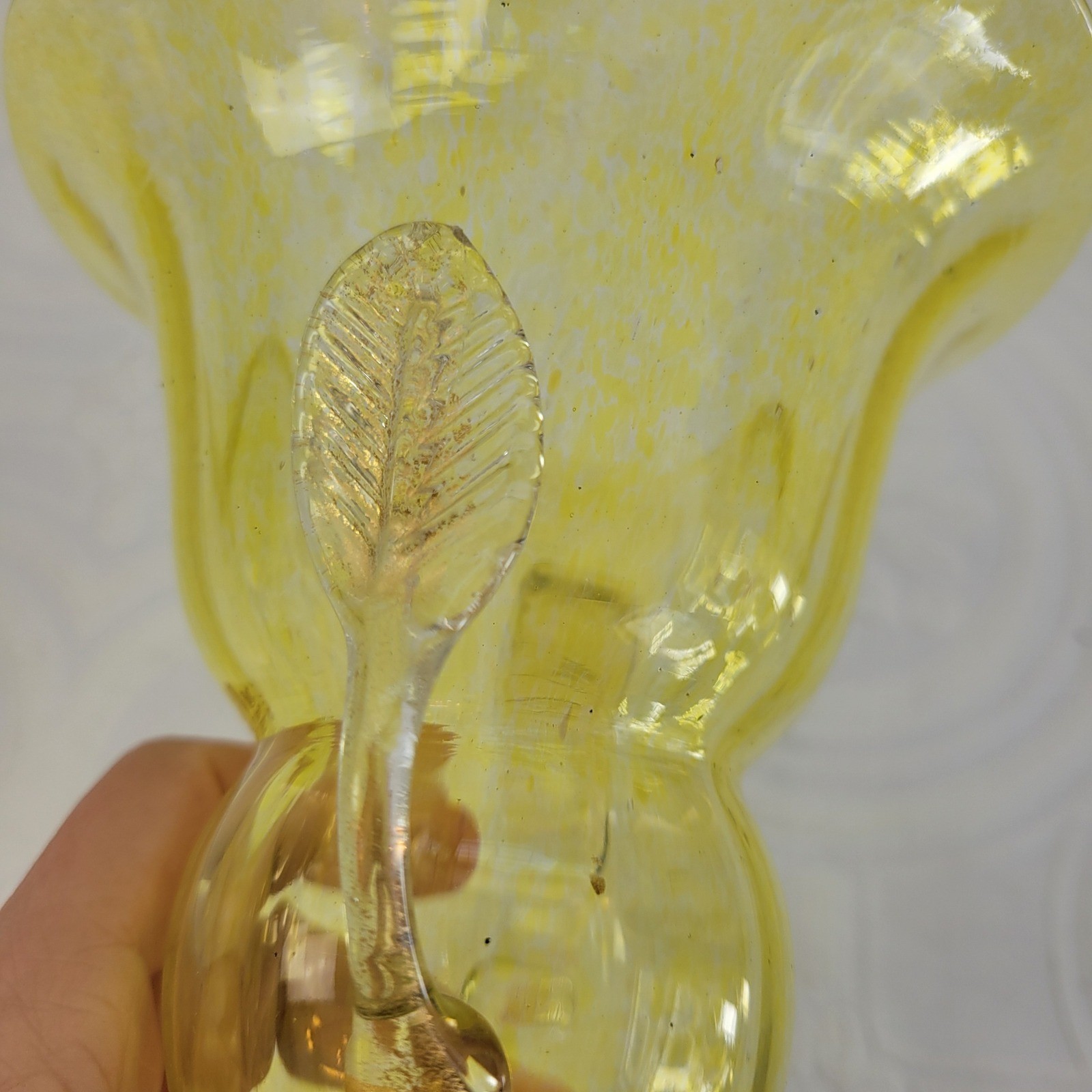 Vintage Yellow Blown Glass Trophy Vase MCM Clear Leaf Handles 6.75in Art Glass