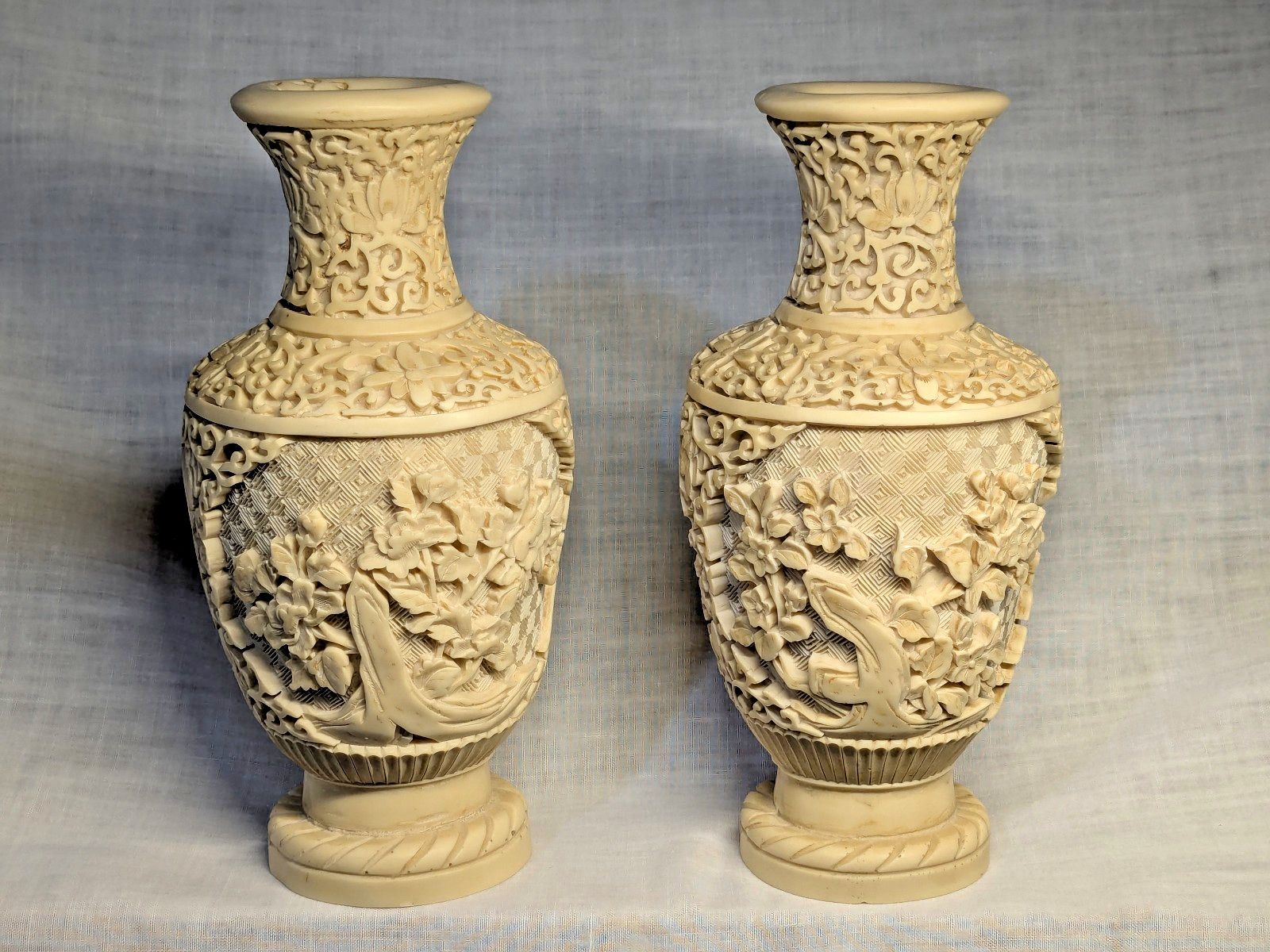 Vintage Norleans Faux Ivory Hand Carved Vase SET Made In Italy 1960’s Floral