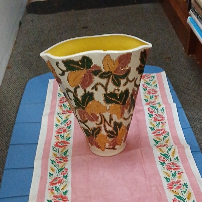 Ceramic Vase Floral Leaf Pattern Yellow Interior Brown Green White Decorative