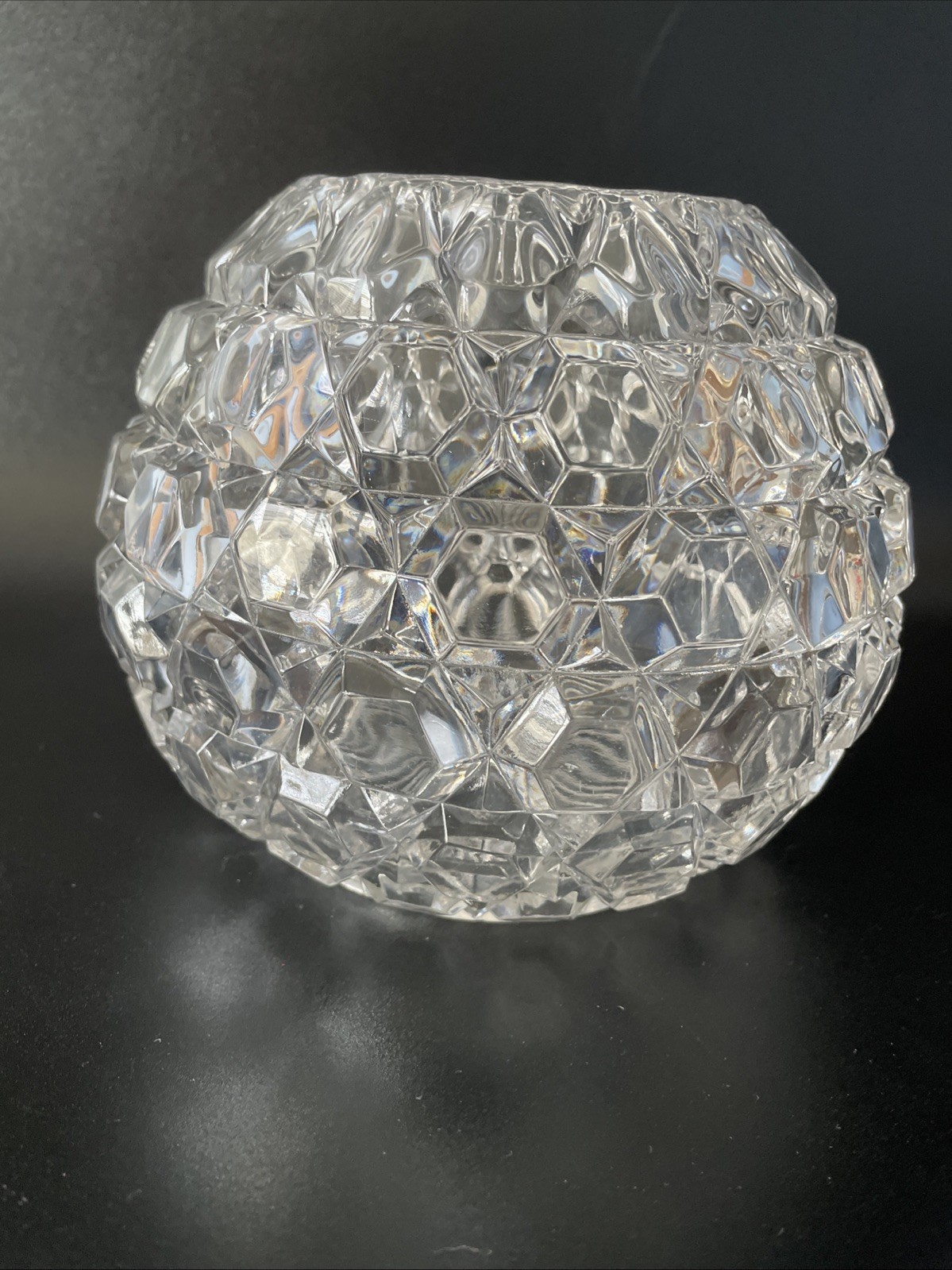Vintage Hexagon Block Clear Pressed Glass Rose Bowl Vase 5.5 in