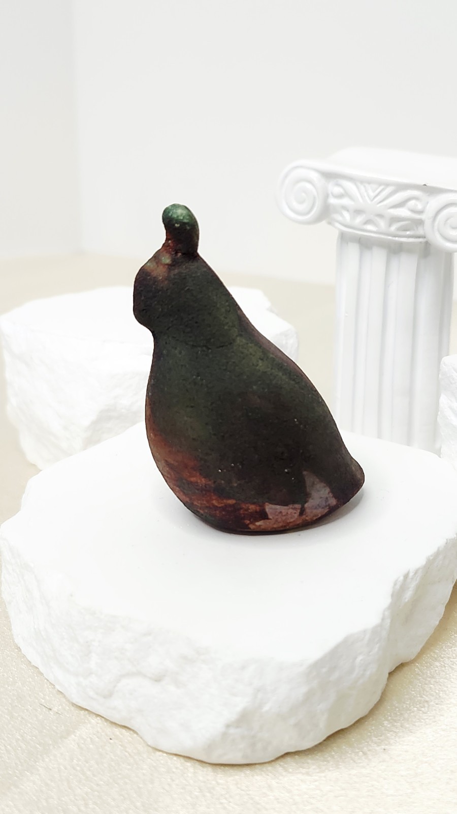 Raku Pottery Quail Figurine W Iridescent Green & Copper Glaze – Signed J Diller