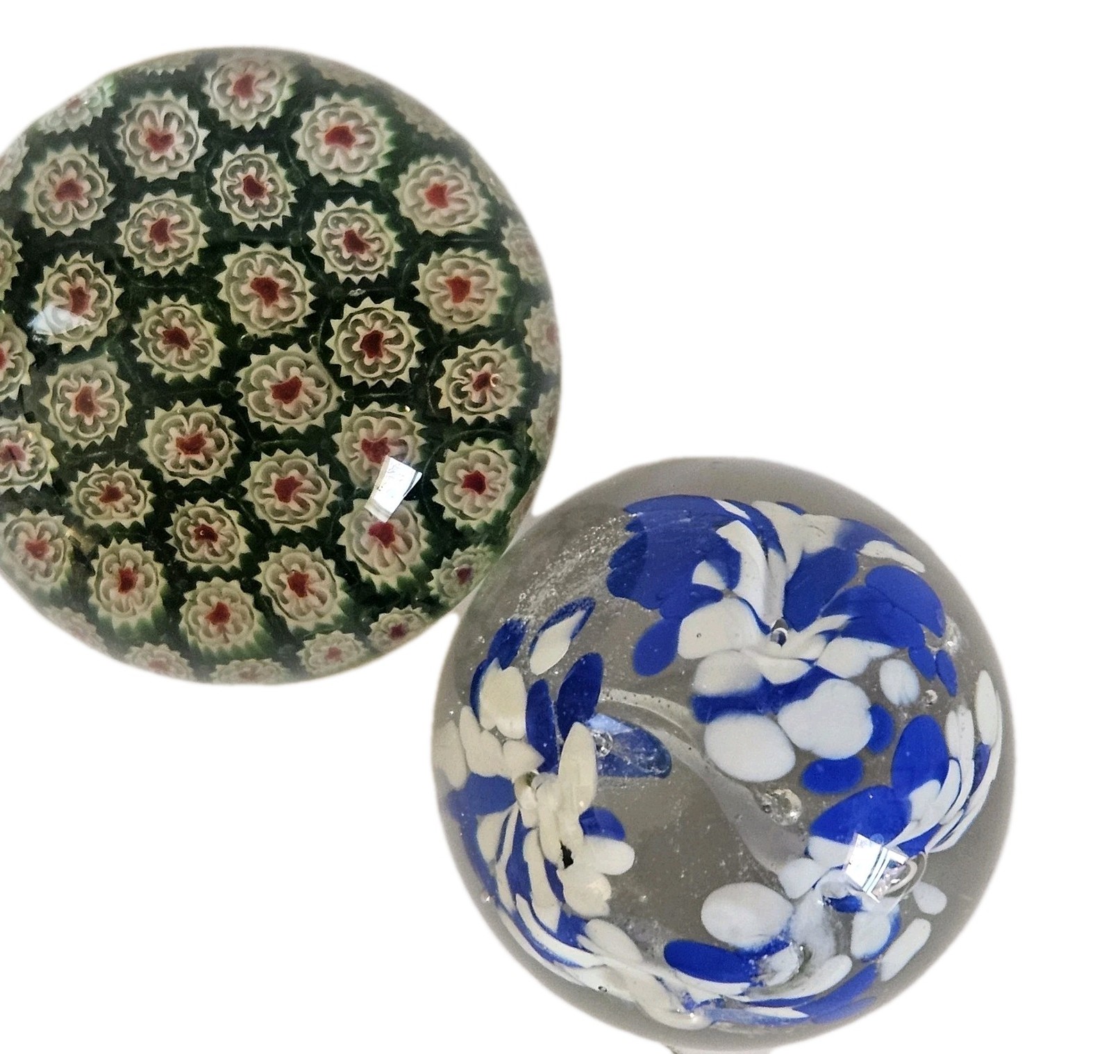 2 VTG Art Glass Paperweights – Blue & White Flower – Millefiori Silvestri Green
