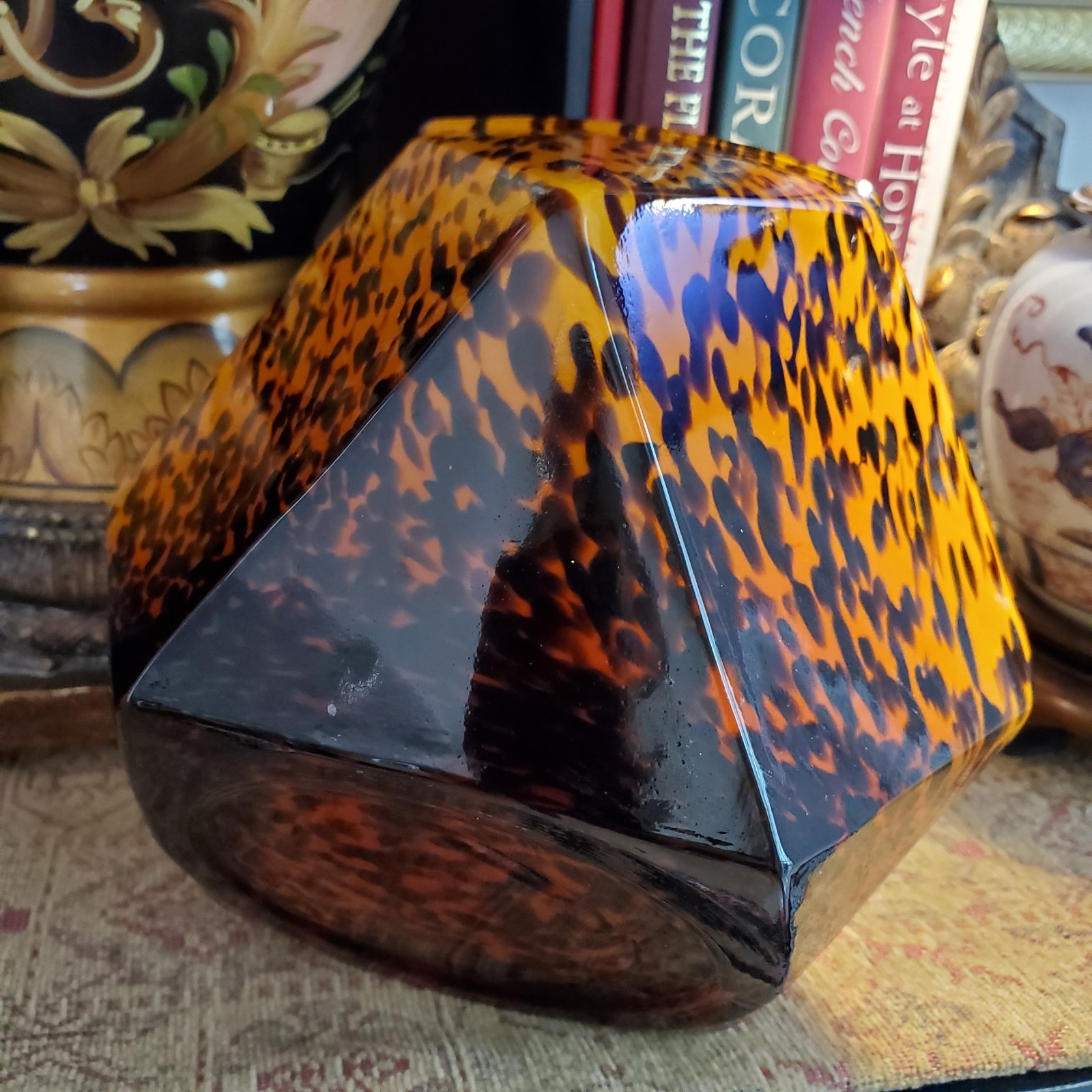 Vintage Leopard Speckled Polyhedral Glass Vase Mouthblown Handmade FLAW 5″x5″