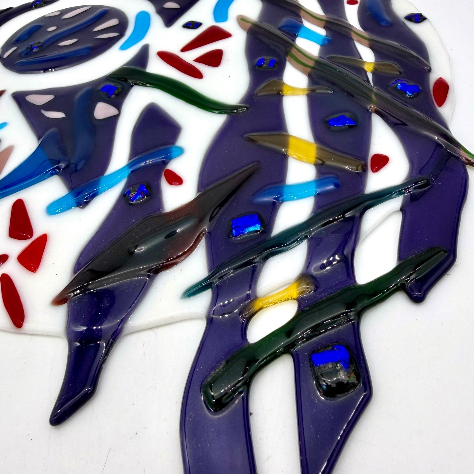 Vtg Fused Glass Wall Hanging Modernist Abstract Face Geometric Blue Dichro 15”