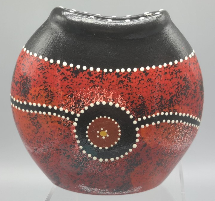 Australian Waterhole Dreaming Pottery Vase Hand Painted Folk Art Signed N.AH
