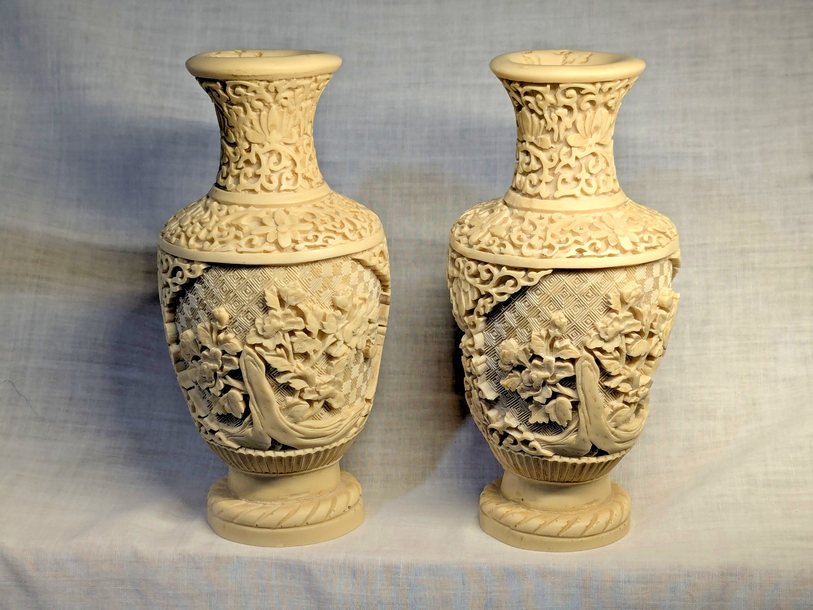 Vintage Norleans Faux Ivory Hand Carved Vase SET Made In Italy 1960’s Floral