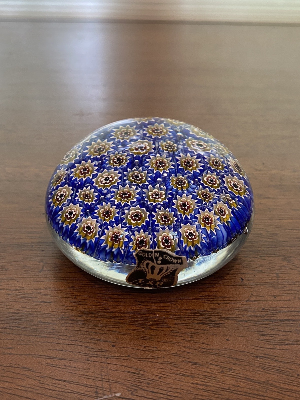 STUNNING VTG Golden Crown E & R MILLEIFIORI Art Glass Paperweight W/LABEL 3.25″W