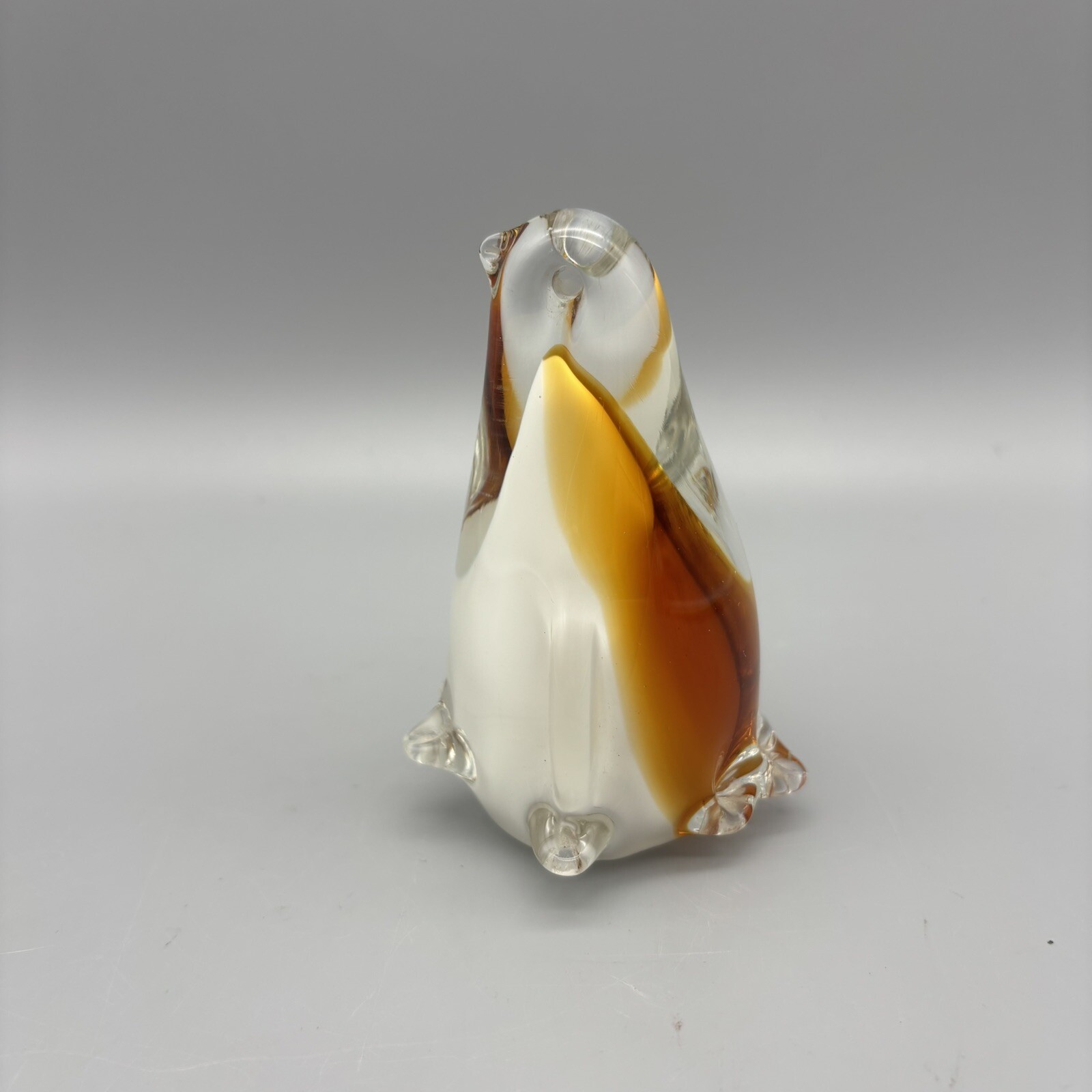 Vintage Amber & white Penguin chick hand fused art glass 4″ tall figurine statue