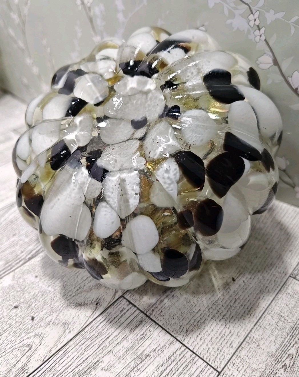 Hand Blown Art Glass Pumpkin Copper Black White Medium Swirl Glitter Decorative