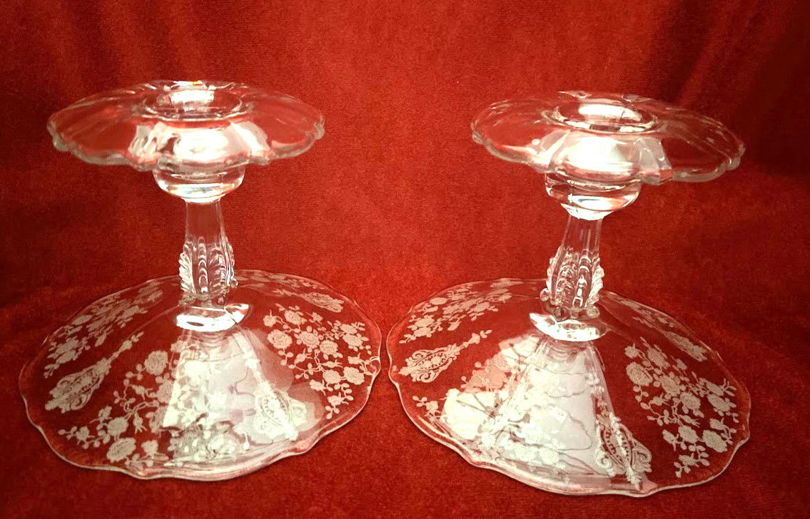 Cambridge Rose Point Crystal Candle Holder /Compote Vintage Set of 2
