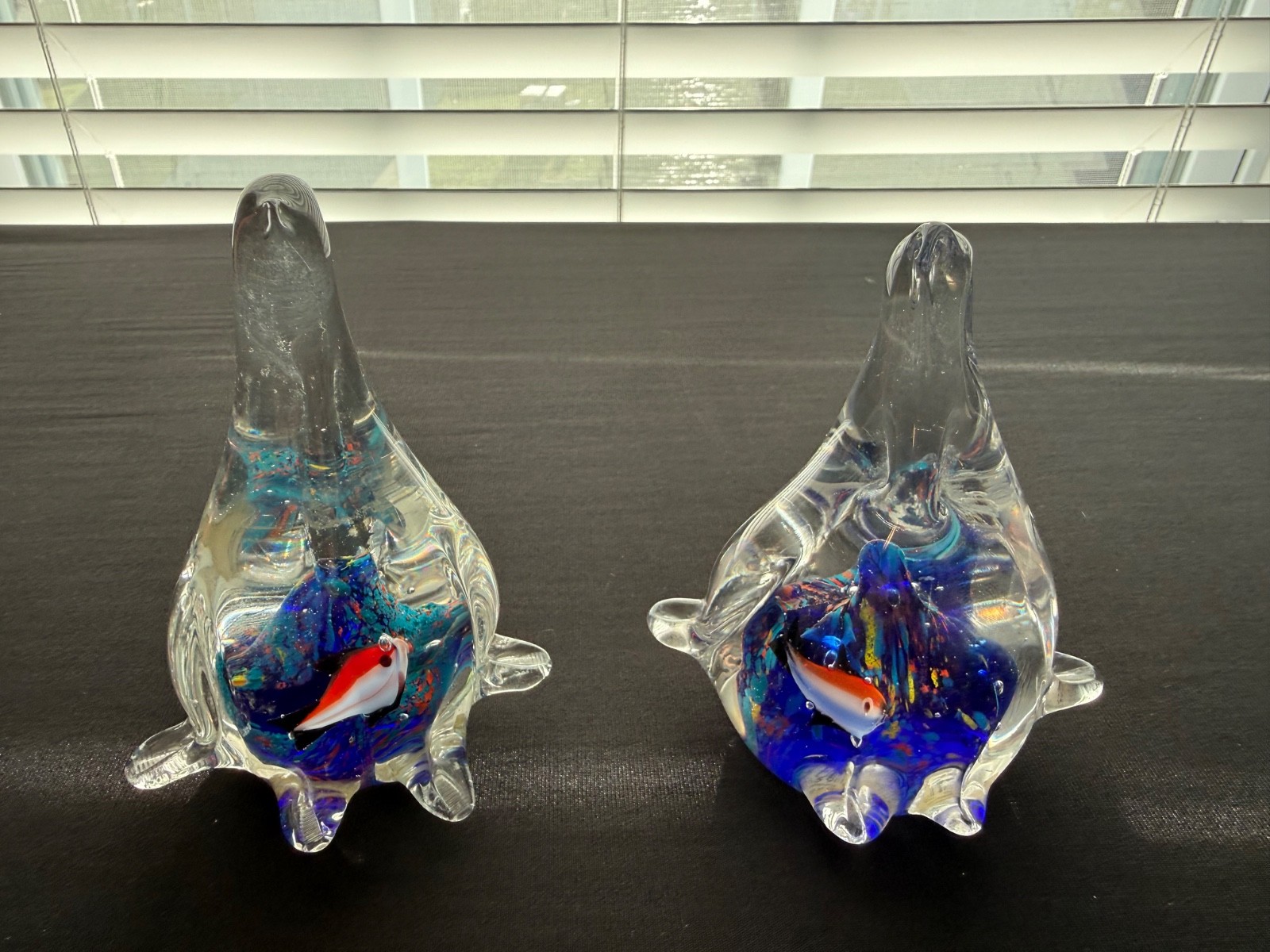 2 Vintage Glass Seal Paperweights Clear and Blue with Fish Inside