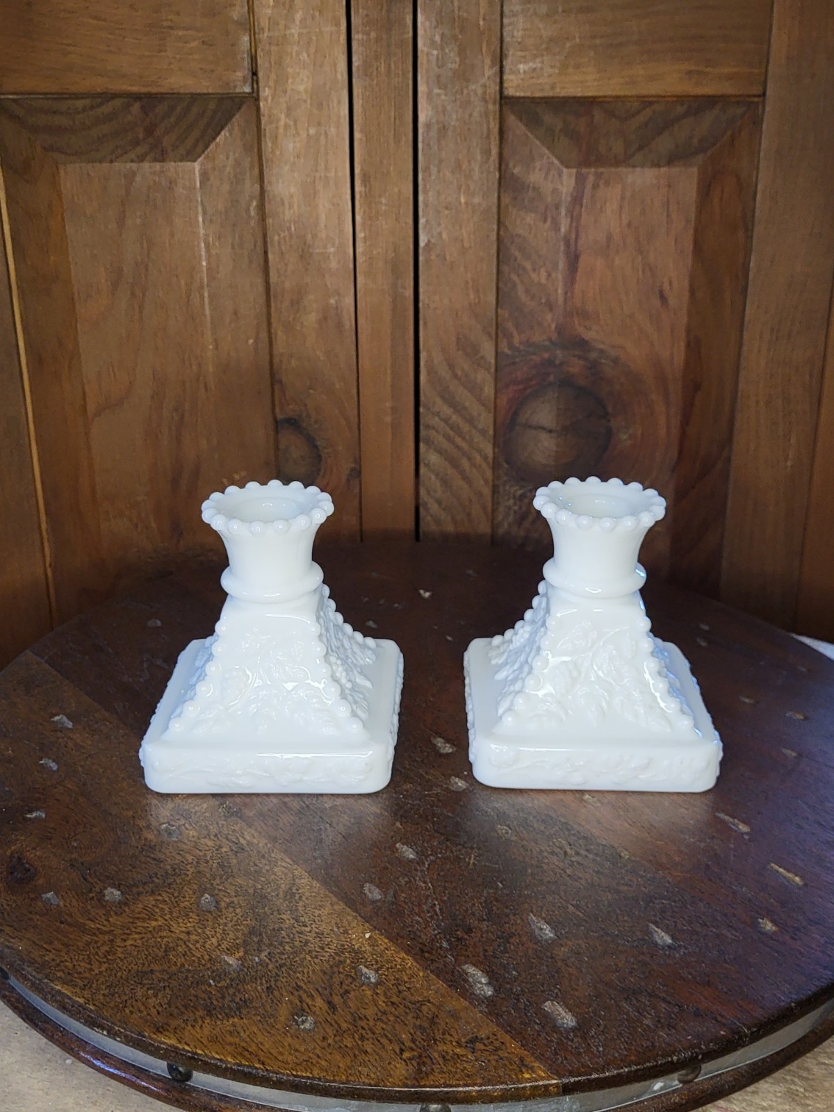 Pair White Milk Glass Grape Pattern Candle Holders for Taper/Dinner 3.25in