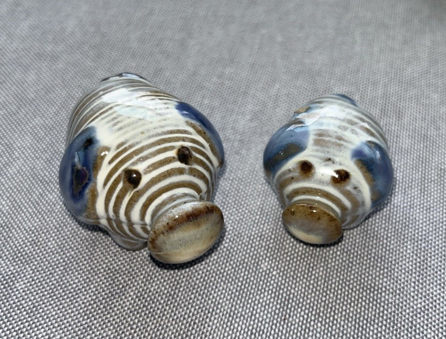Ceramic Glazed Pottery Pig Figurines (2) Blue & White Coil Pattern