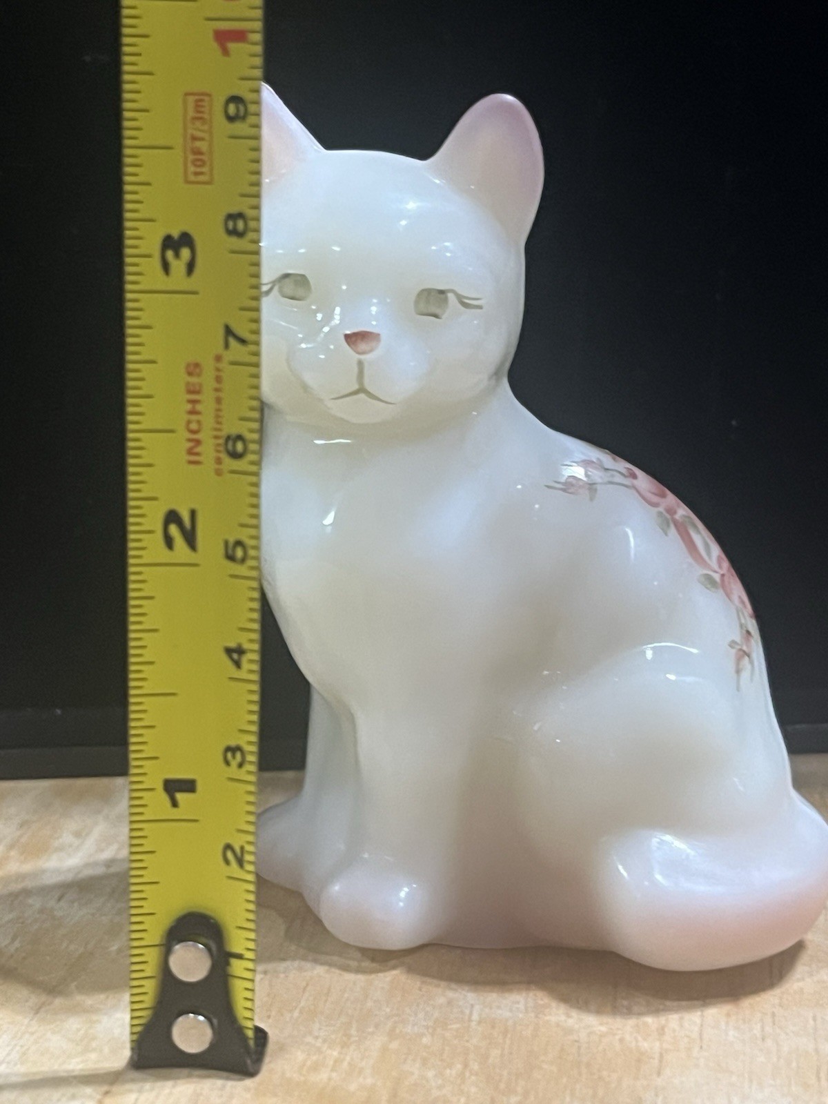 Vintage Fenton Cat Peralescent Milk Pink Rose Signed Handpainted Sticker U.S.A.