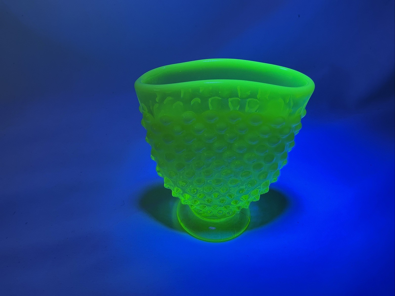 Fenton Hobnail Fan Vase Topaz Uranium UV Vaseline Opalescent Glass Glows 3.5”