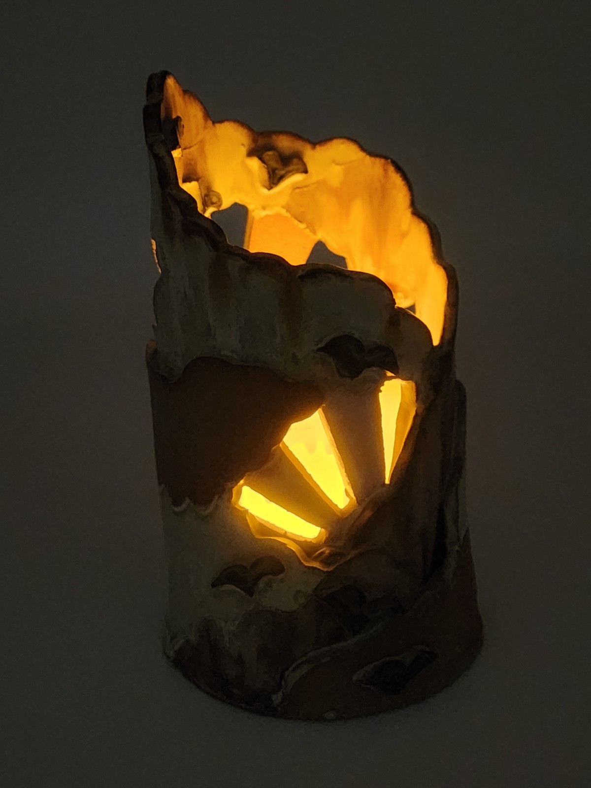 Studio Art Pottery Clay Candle Holder Wrapped Luminary Lantern Sun Clouds Birds