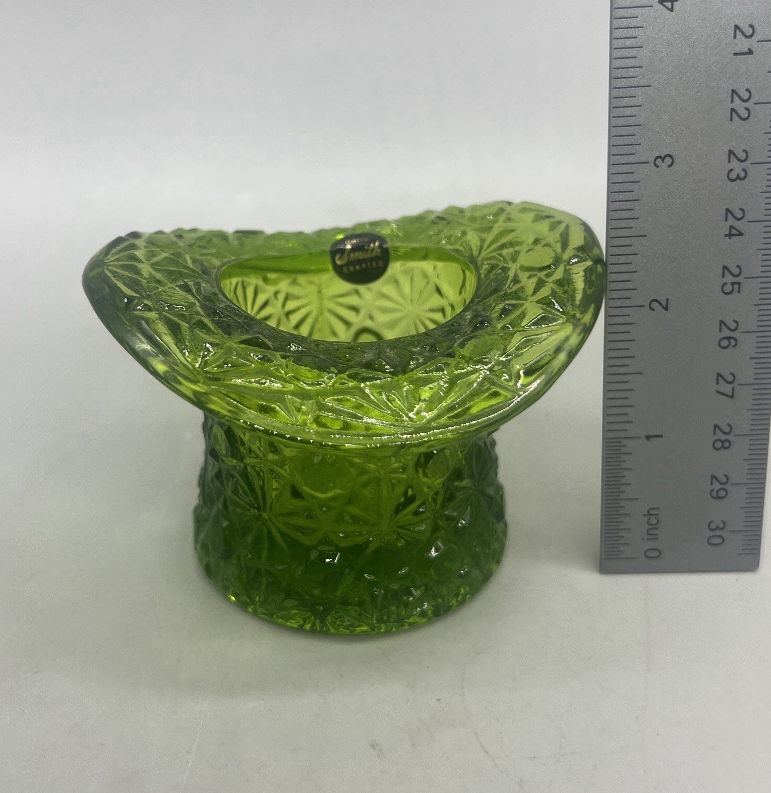 L.E. Smith Olive Green Glass Top Hat Toothpick Holder 2.5”