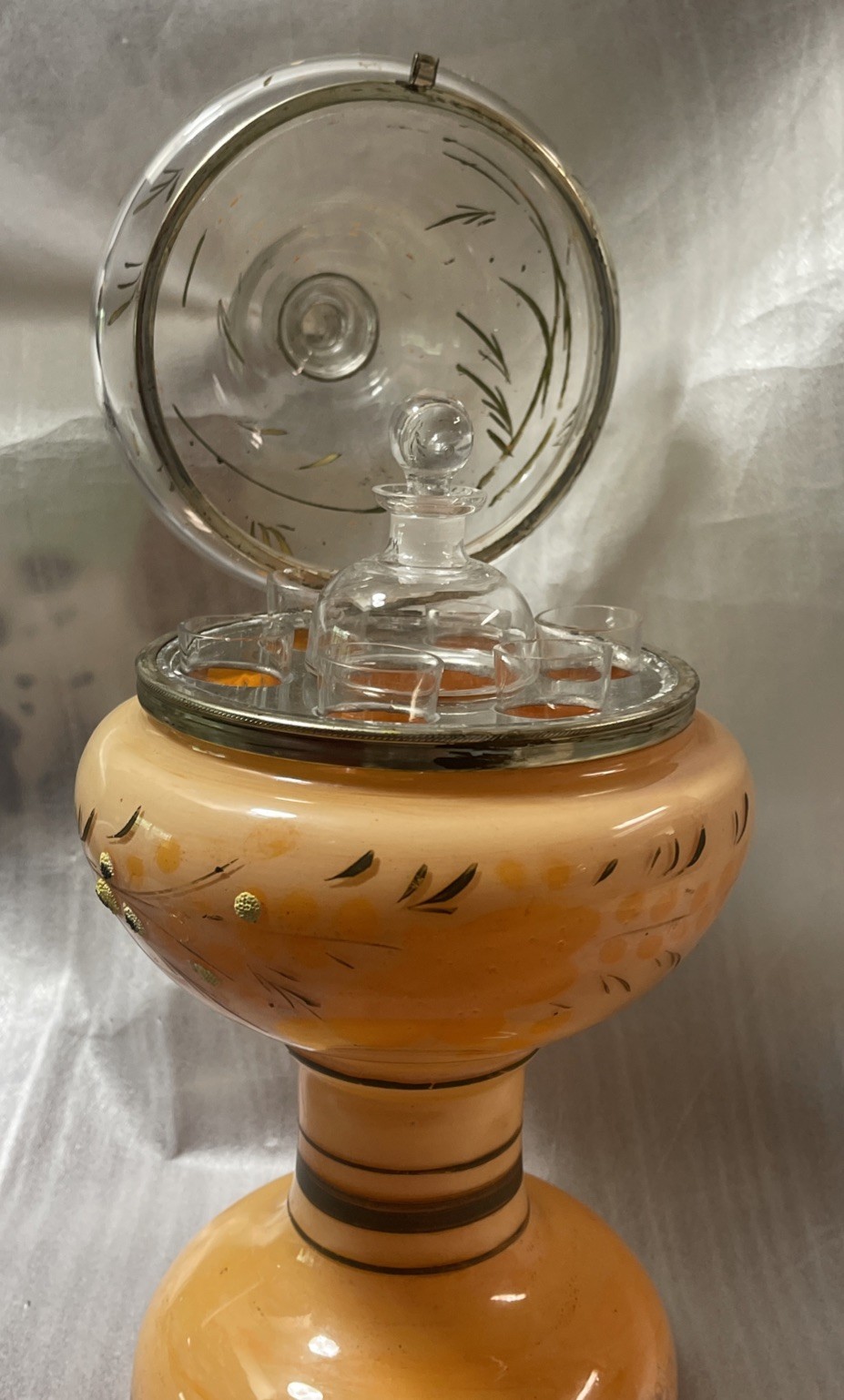 Antique Glass Decanter, Hand Painted A Brass Band W Hinges/ Clasp Connecting Lid