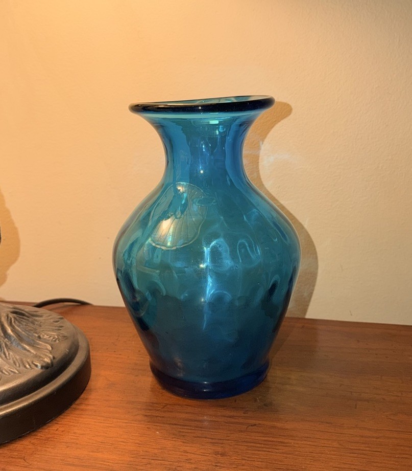 Blenko Joel Myers Era MCM Turquoise Dot Optic Vase Hand Blown #6914 – WV