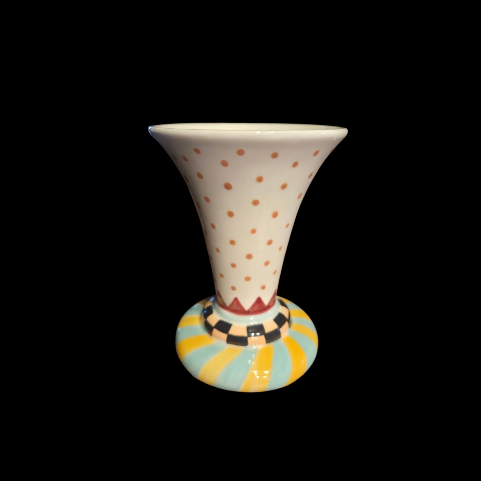 Handpainted Porcelain 5.5″ Vase Swirl Circus Black White Check Polka Dot READ