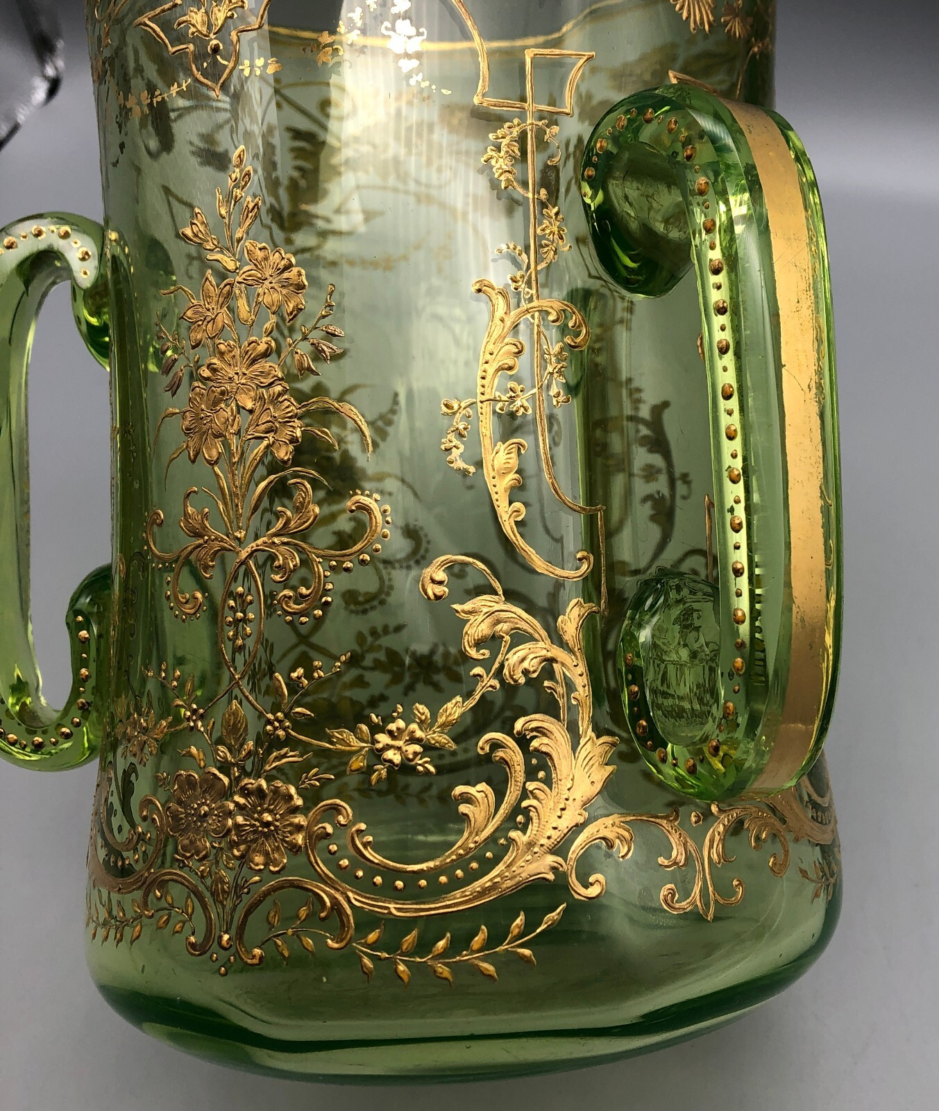 Antique Moser Green Vaseline Glass Raised Applied Gold Encrusted Loving Cup Vase