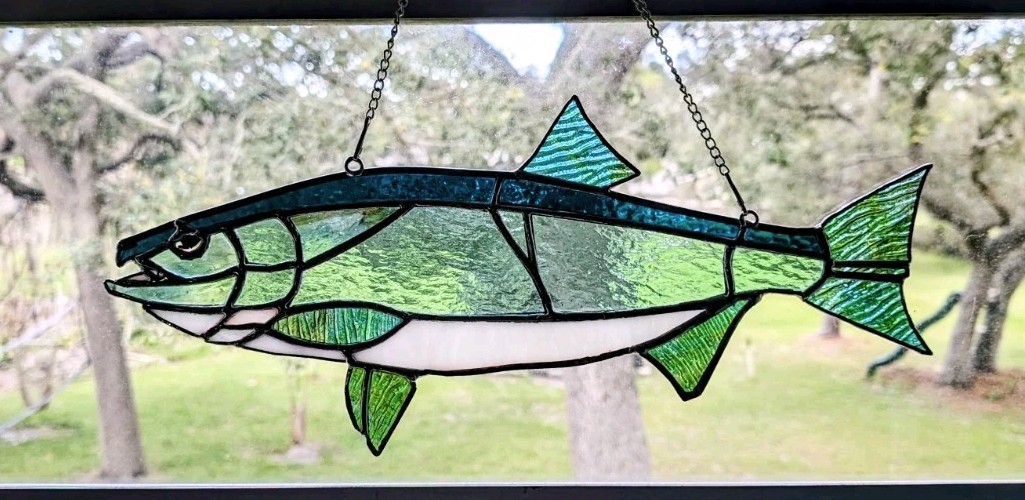 Stained Glass Coho Salmon, Cabin Or Lake House Fishing Decor, 17W By 8H Inches