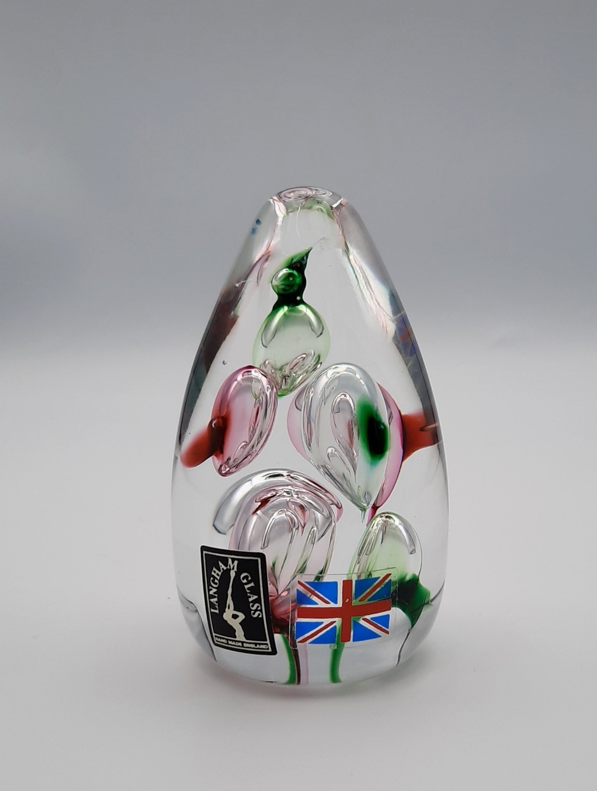 Langham England Egg Shaped Blown Glass Paperweight Mulitcolor Bubbles 3 x 2 Inch